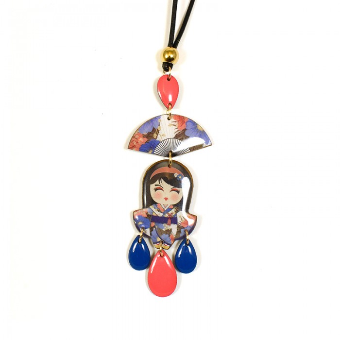 CIONDOLO KOKESHI FIORI BLU E ROSA