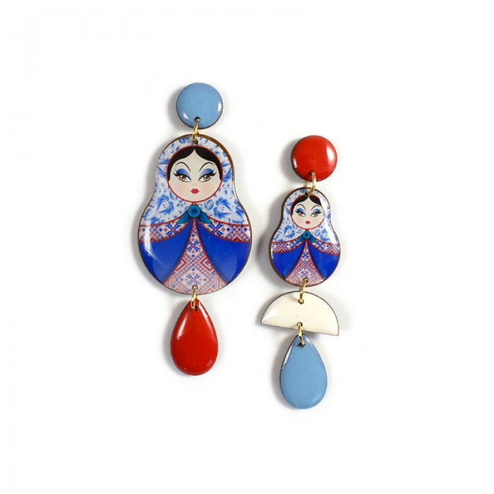 ORECCHINI MATRIOSKA FIORI E FANTASIA ROSSO E BLU