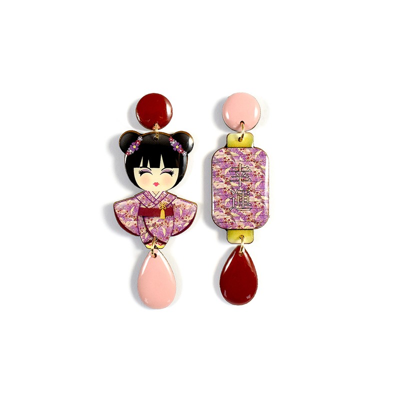 ORECCHINI KOKESHI E LANTERNA bordeaux e rosa